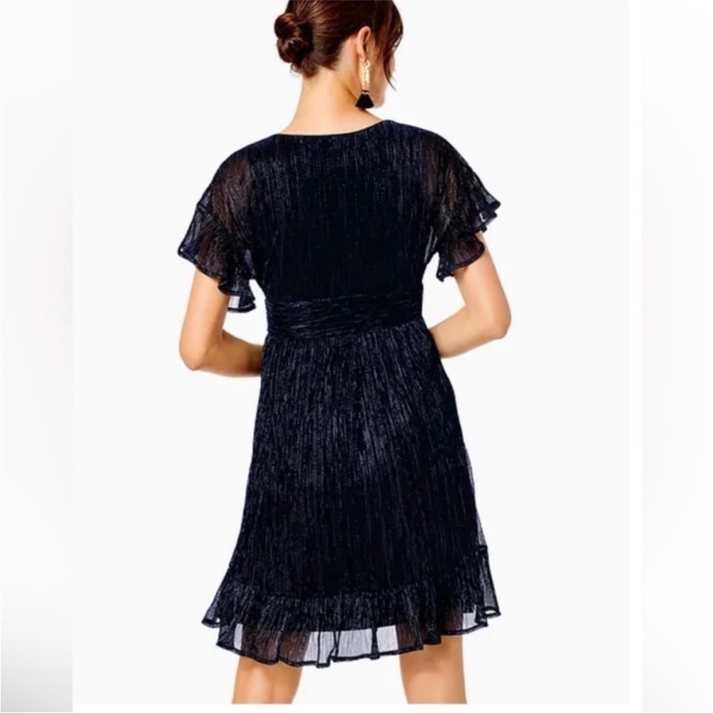 Lilly Pulitzer Dress Sinclare Mini Short Sleeve Low Tide Navy Metallic Crinkle - Picture 3 of 9